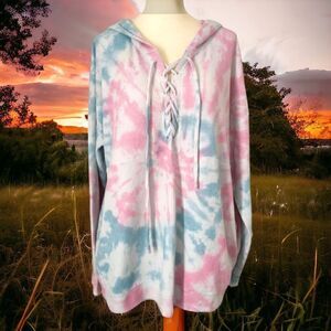 Tie Dye Hoodie Waffle Knit Pullover Oversized Large Womens Relaxed Grunge Pink.